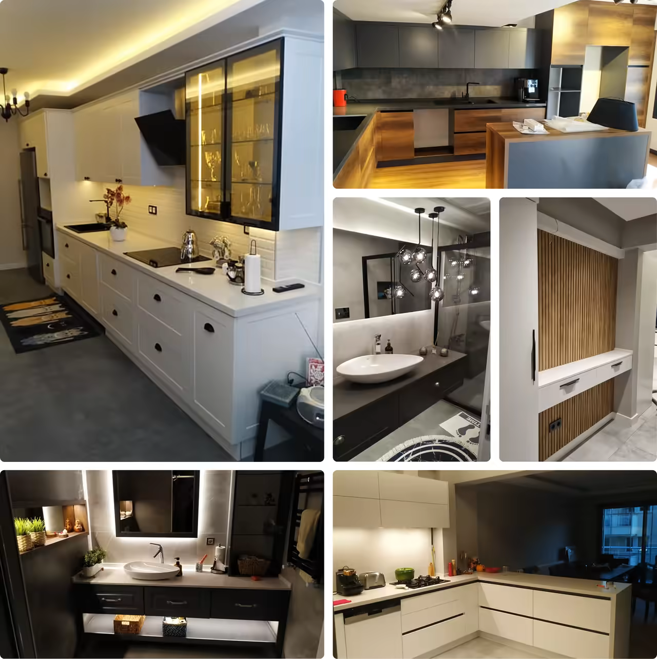 Collage of modern renovation projects including kitchens, bathrooms, vanities, cabinetry, and contemporary lighting.